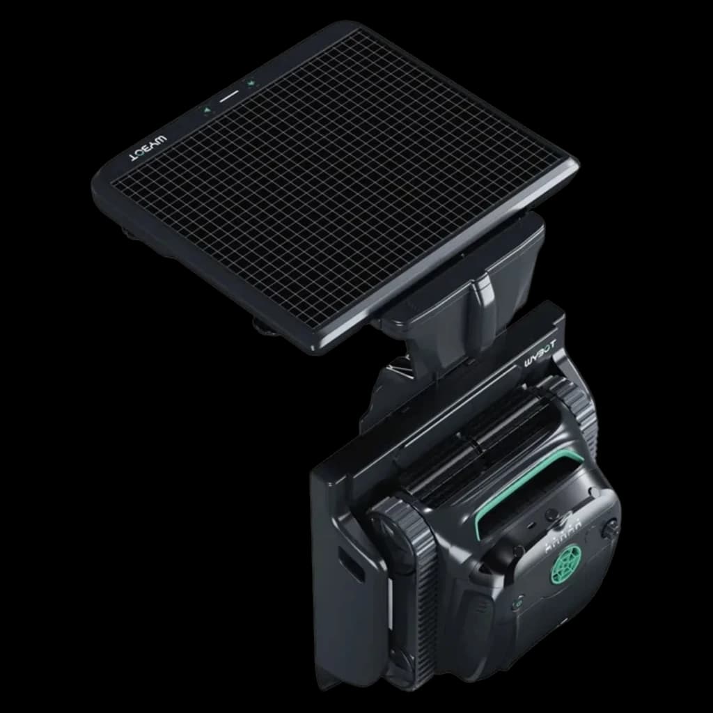 Wybot S2 Solar Vision Robot Limpiador de Piscinas con panel solar grande, cuerpo compacto negro, bordes robustos y detalles verdes; diseño modular y portátil