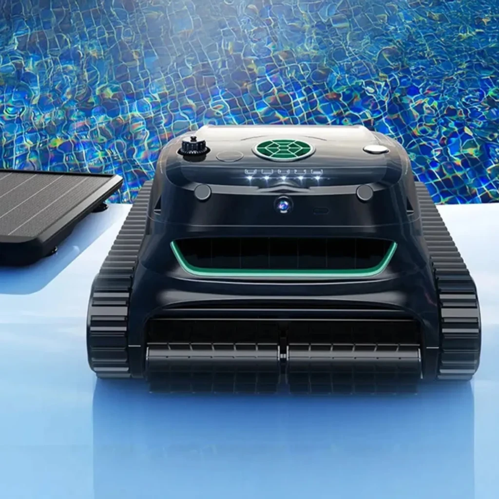 Robot nettoyeur de piscine Wybot S2 Solar Vision noir, design compact, chenilles robustes, panneau supérieur relevable, logo lumineux vert, structure modulaire - Ítem5