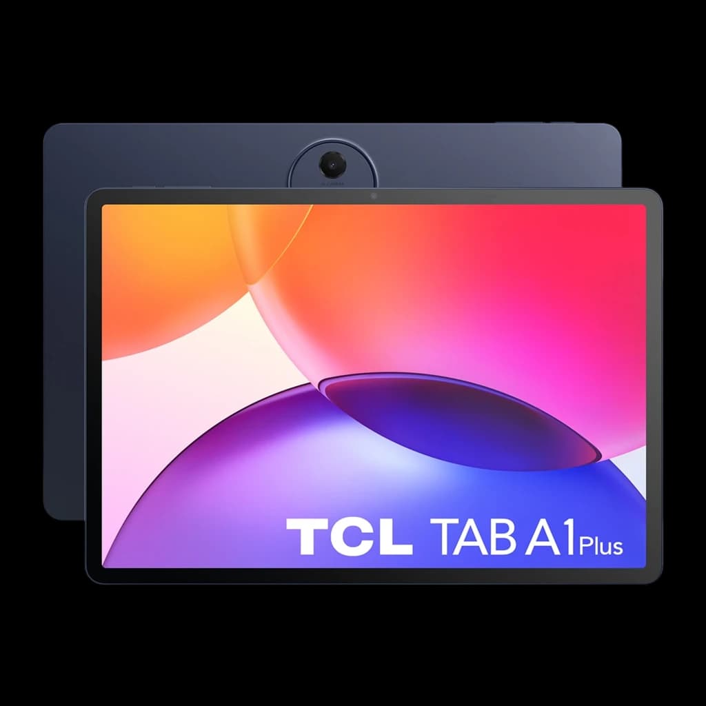 TCL TAB A1 Plus tablet 12.2 pulgadas, biseles finos, pantalla IPS 120Hz, cuerpo azul oscuro con cámara trasera centrada y frontal en marco superior