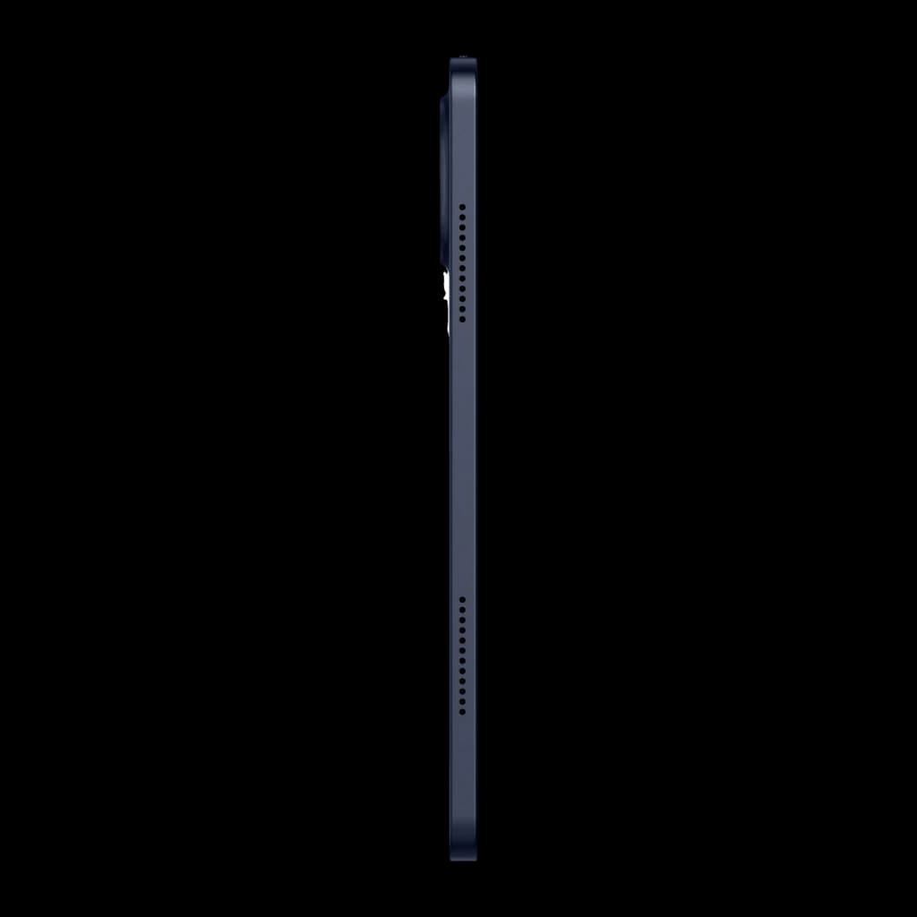 TCL TAB A1 Plus 12.2 perfil lateral en color azul oscuro, cuerpo delgado con módulo de cámara trasera sobresaliente y rejillas de altavoz alineadas