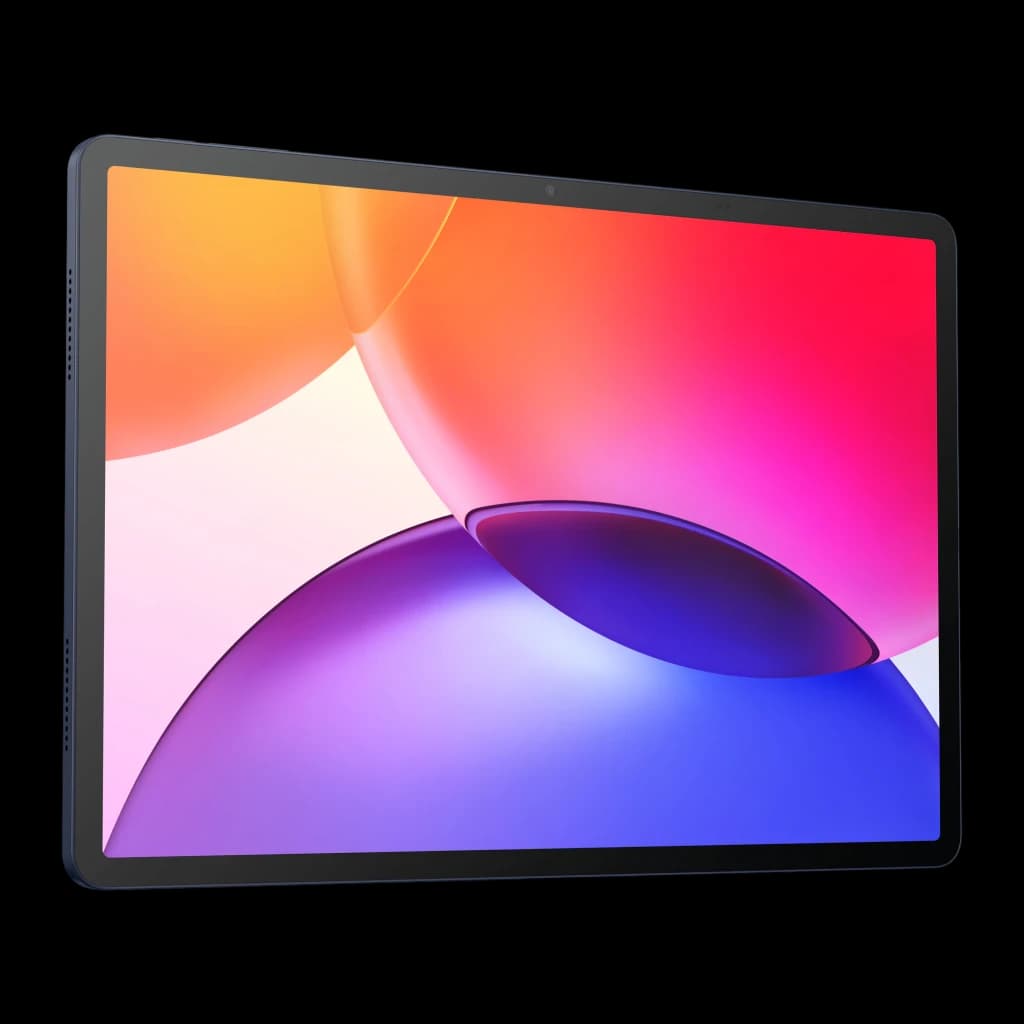 Tableta TCL TAB A1 Plus 12,2 con pantalla IPS 120Hz casi sin bordes, cuerpo delgado en gris oscuro, cámara frontal centrada y altavoces laterales