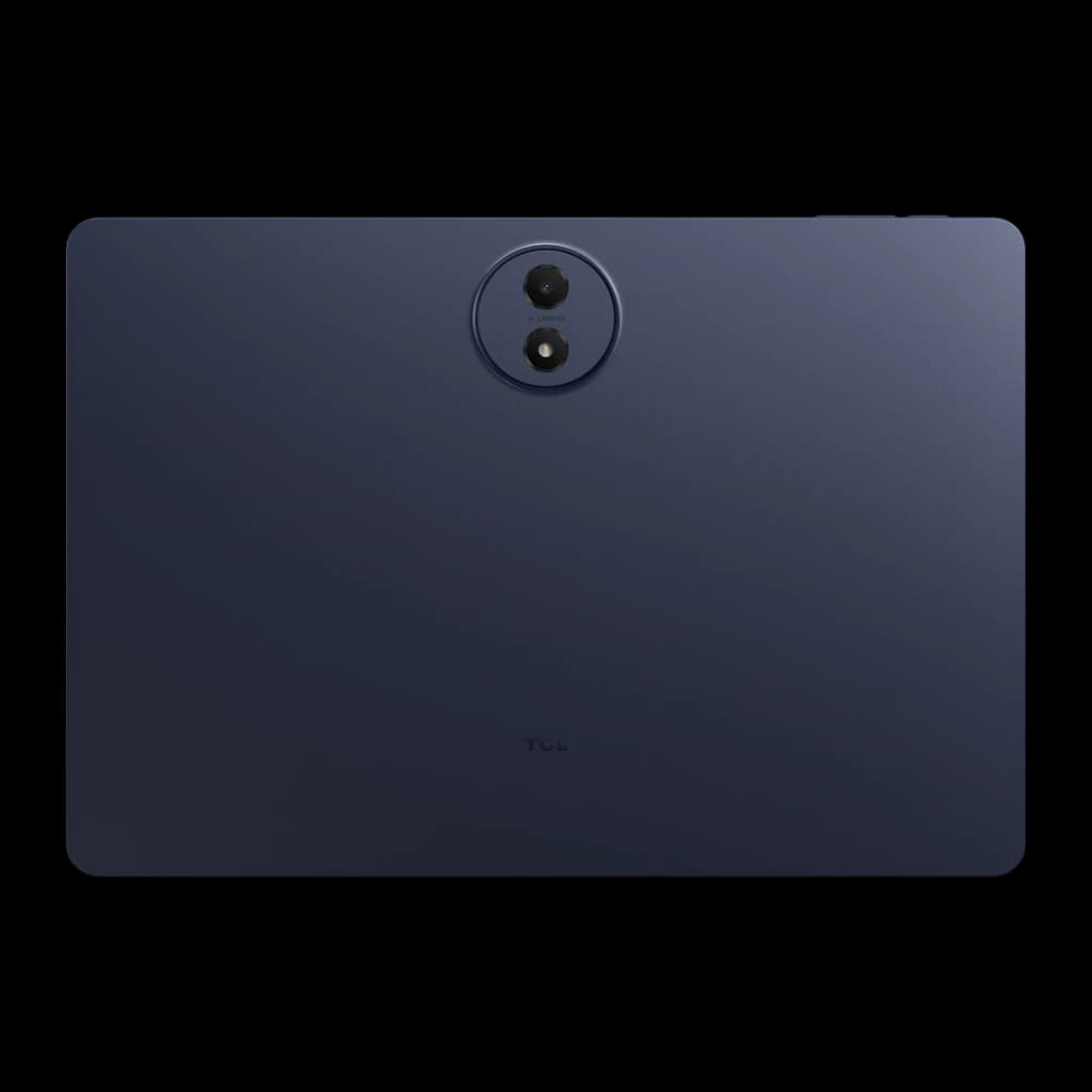 Tableta TCL TAB A1 Plus 12.2 en color azul oscuro, tapa trasera lisa con módulo de cámara circular dual centrado en la parte superior