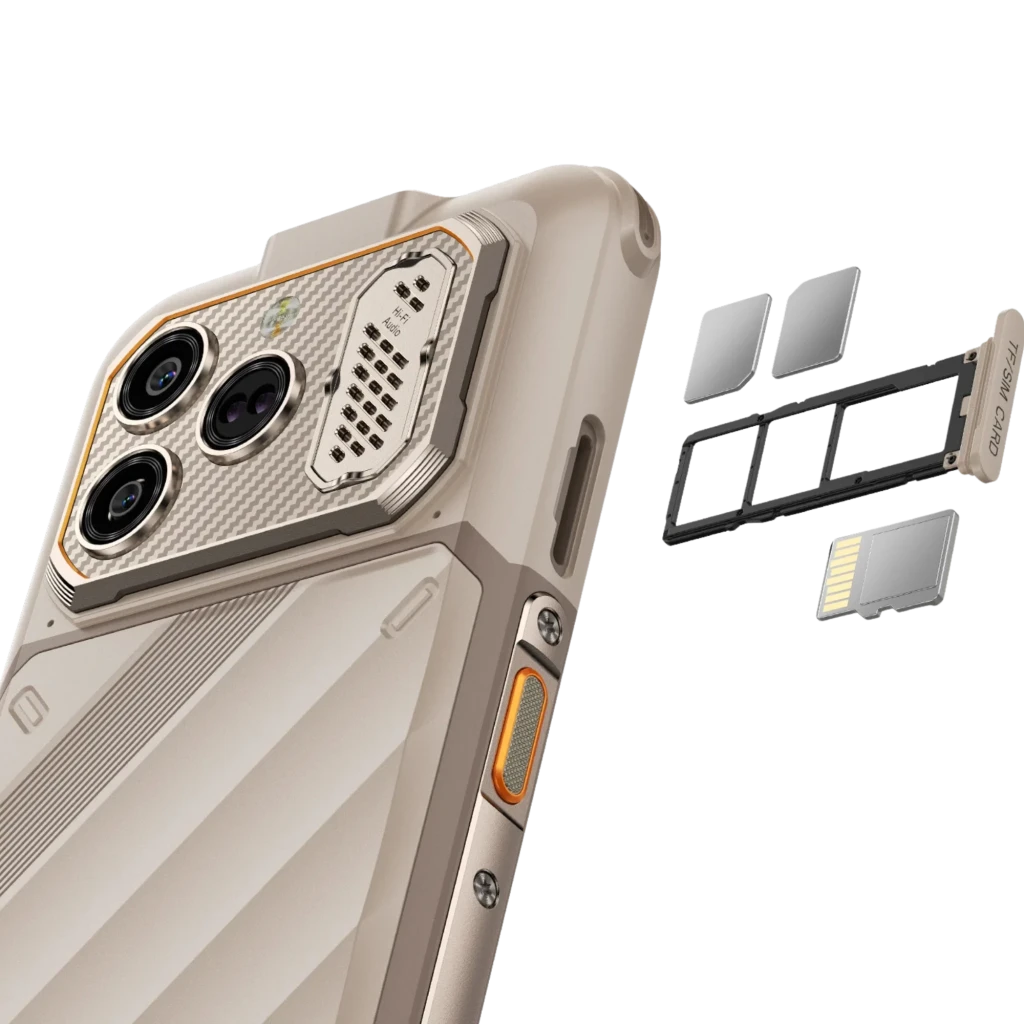 Ulefone RugOne Xever 8 128 GB Sand Dune IP68 8 GB com corpo robusto bege, tripla câmera traseira, tela perfurada e detalhes laranja para uso extremo - Item5