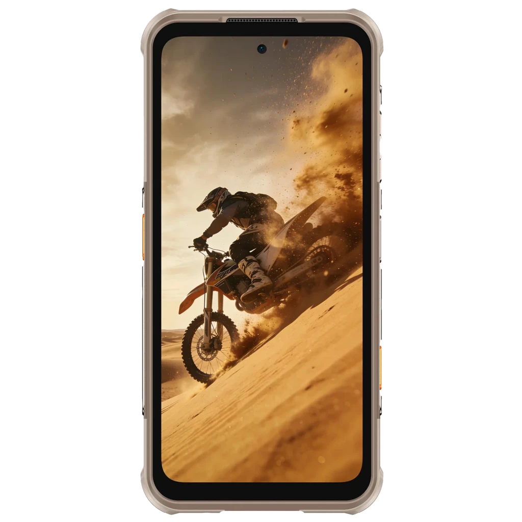 Ulefone RugOne Xever 8 128 GB Sand Dune IP68 8 GB com corpo robusto bege, tripla câmera traseira, tela perfurada e detalhes laranja para uso extremo - Item1