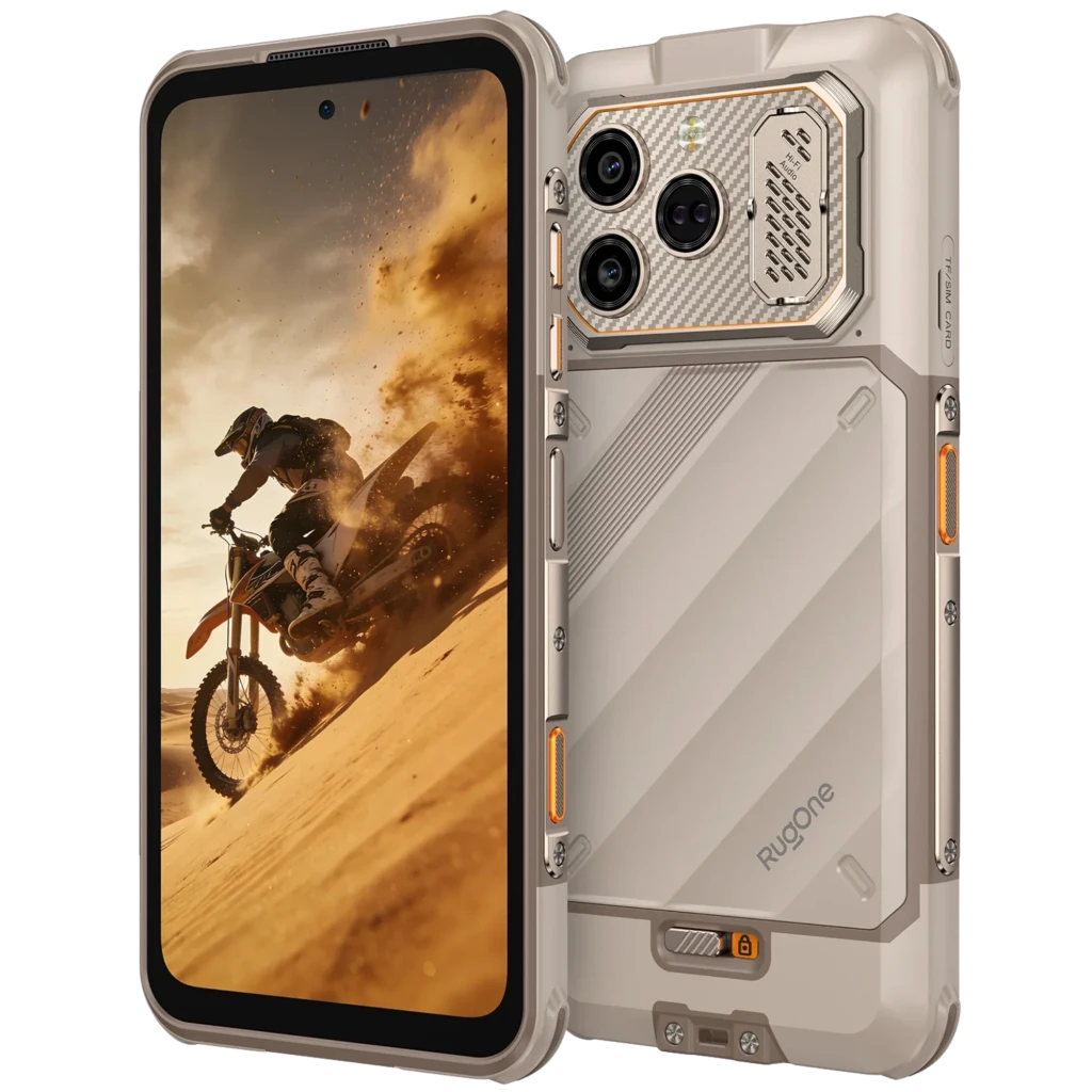 Ulefone RugOne Xever 8 128 GB Sand Dune IP68 8 GB com corpo robusto bege, tripla câmera traseira, tela perfurada e detalhes laranja para uso extremo - Item2