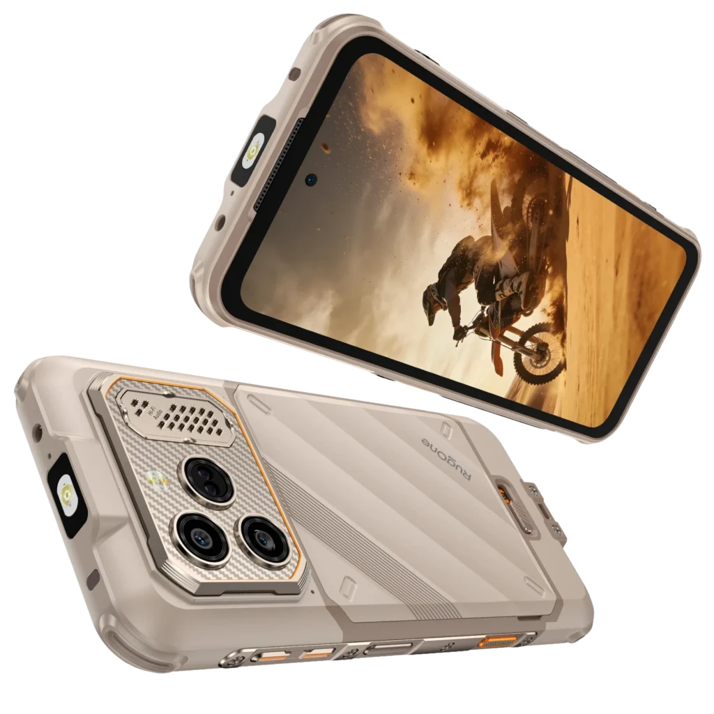 Ulefone RugOne Xever 8 128 GB Sand Dune IP68 8 GB com corpo robusto bege, tripla câmera traseira, tela perfurada e detalhes laranja para uso extremo - Item7