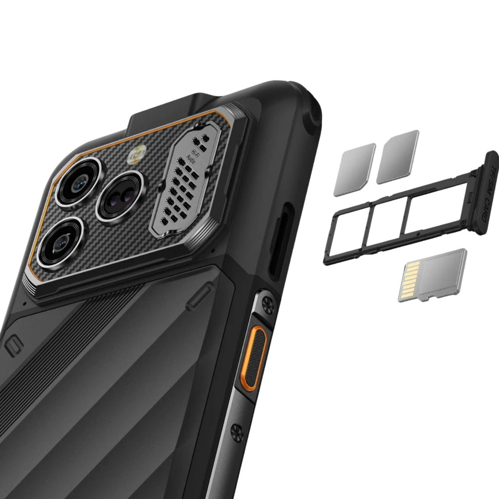Ulefone RugOne Xever 8 256 GB Preto com ecrã 6,5, corpo robusto, bordas reforçadas, câmara traseira tripla e grelha metálica, detalhes em laranja - Item6