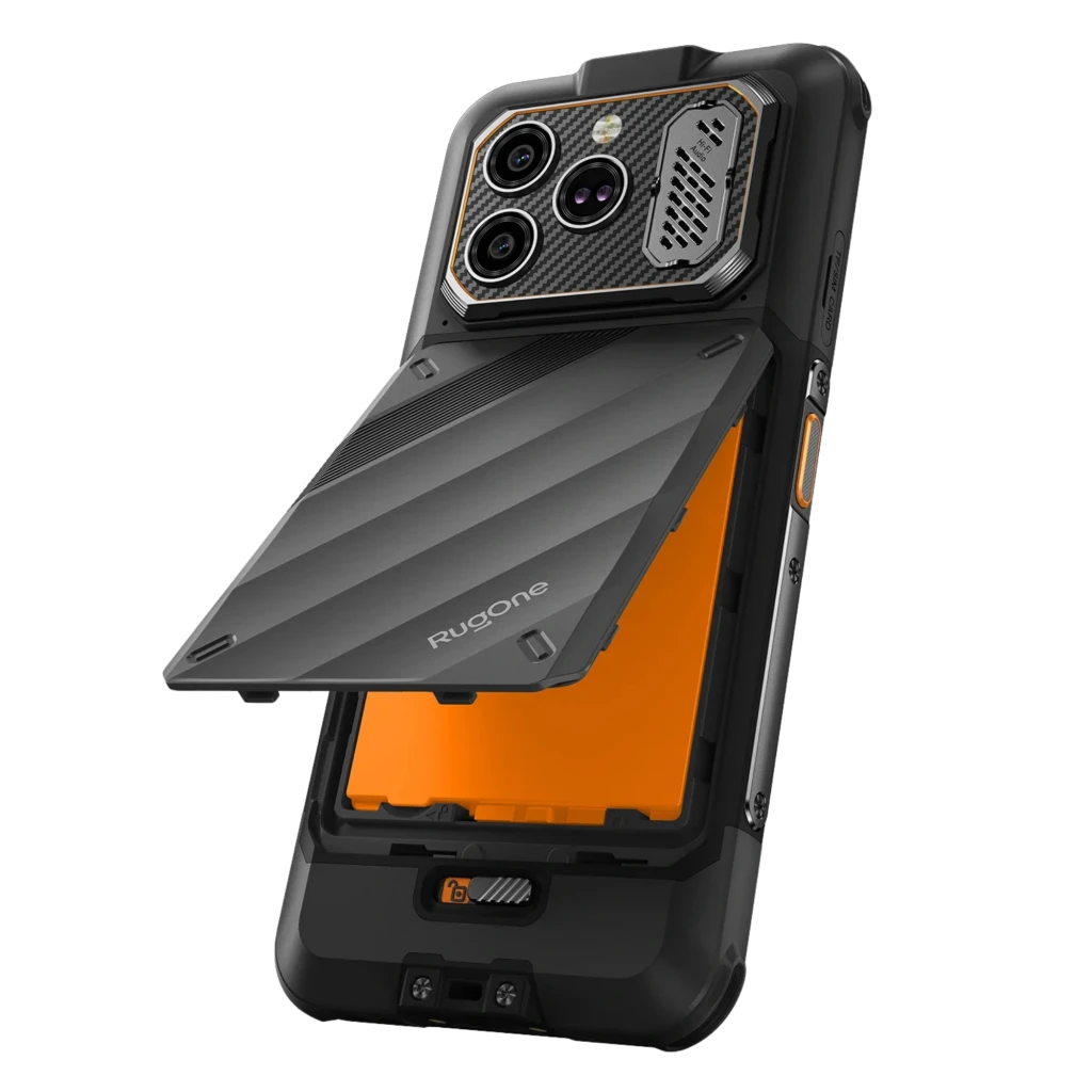 Ulefone RugOne Xever 8 256 GB Preto com ecrã 6,5, corpo robusto, bordas reforçadas, câmara traseira tripla e grelha metálica, detalhes em laranja - Item7