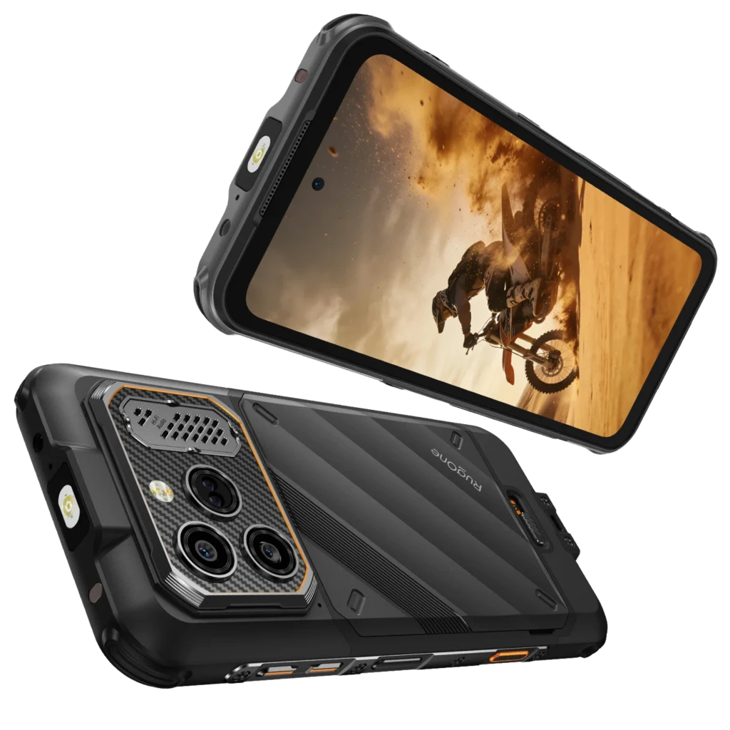 Ulefone RugOne Xever 8 256 GB Preto com ecrã 6,5, corpo robusto, bordas reforçadas, câmara traseira tripla e grelha metálica, detalhes em laranja - Item4