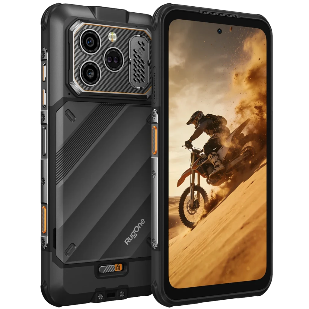 Ulefone RugOne Xever 8 256 GB Preto com ecrã 6,5, corpo robusto, bordas reforçadas, câmara traseira tripla e grelha metálica, detalhes em laranja - Item3