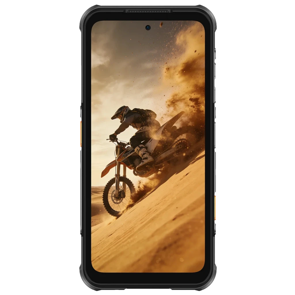 Ulefone RugOne Xever 8 256 GB Preto com ecrã 6,5, corpo robusto, bordas reforçadas, câmara traseira tripla e grelha metálica, detalhes em laranja - Item1