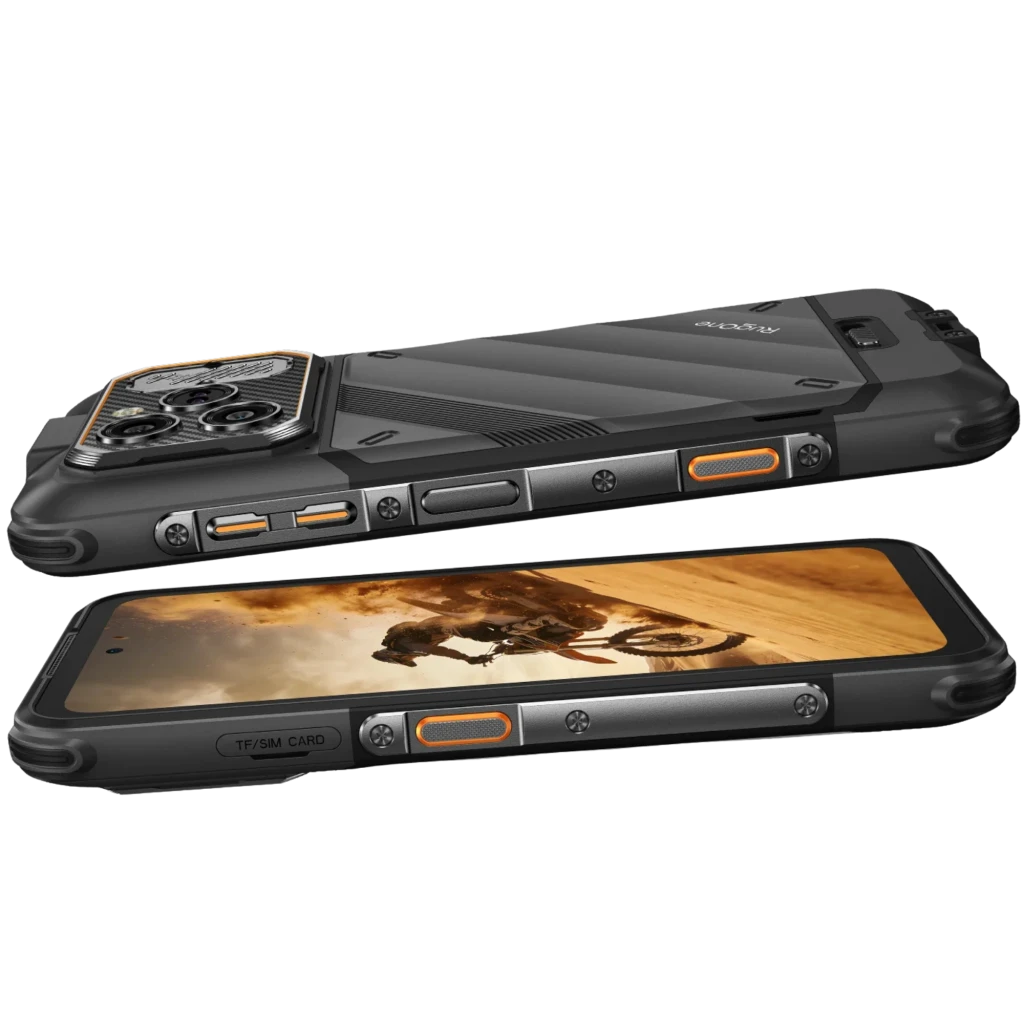 Ulefone RugOne Xever 8 256 GB Preto com ecrã 6,5, corpo robusto, bordas reforçadas, câmara traseira tripla e grelha metálica, detalhes em laranja - Item5