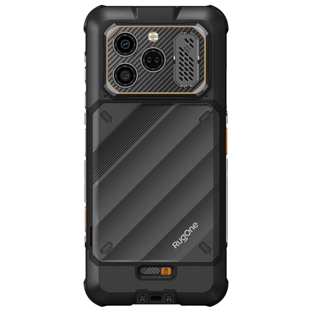 Ulefone RugOne Xever 8 256 GB Preto com ecrã 6,5, corpo robusto, bordas reforçadas, câmara traseira tripla e grelha metálica, detalhes em laranja - Item2