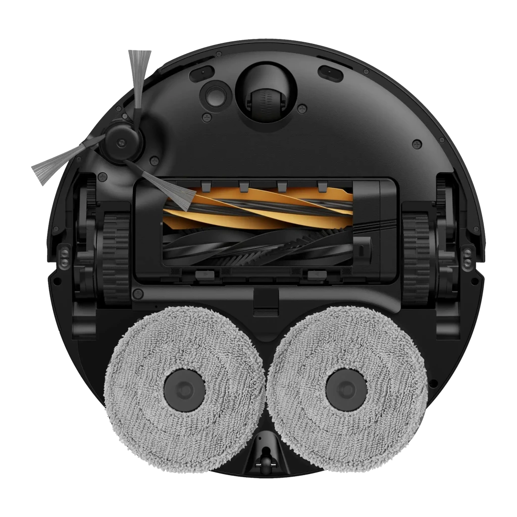 Dreame X50 Ultra preto com base de esvaziamento automático; corpo circular baixo, sensor frontal, estação alta em preto e cinza com textura vertical - Item1