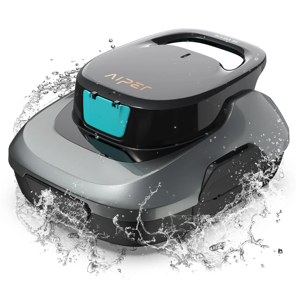 Aiper Scuba SE Robot Aspirador Inalámbrico Gris con cuerpo compacto bicolor, asa superior integrada y panel frontal con tapa turquesa, diseño moderno y - Ítem8