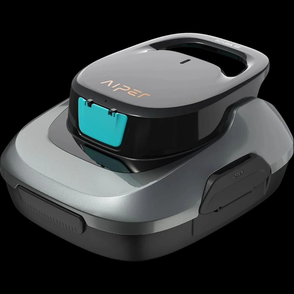 Aiper Scuba SE Robot Aspirador Inalámbrico Gris con cuerpo compacto bicolor, asa superior integrada y panel frontal con tapa turquesa, diseño moderno y