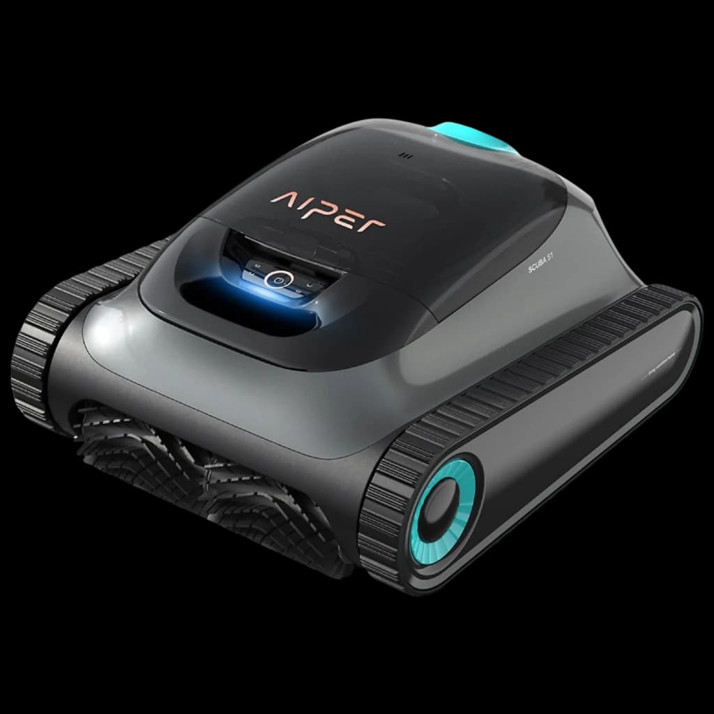 Aiper Scuba S1 2025 Robot Aspirador WavePath 2.0 con acabado gris, orugas laterales robustas, cepillos frontales en V y panel superior con botón iluminado