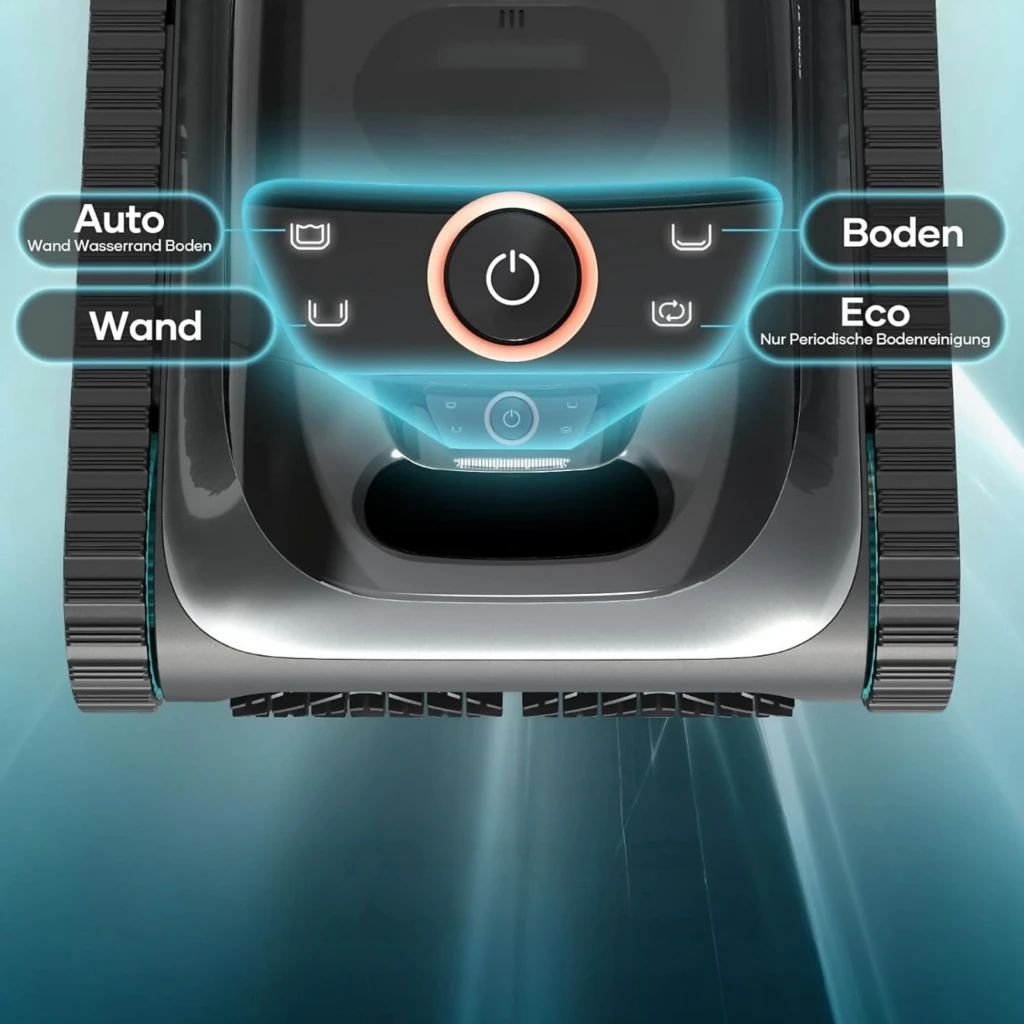Aiper Scuba S1 2025 Robot Aspirador WavePath 2.0 con acabado gris, orugas laterales robustas, cepillos frontales en V y panel superior con botón iluminado - Ítem4