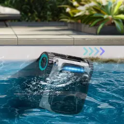 Aiper Scuba S1 Pro 2025 Robot Aspirador 379 LPM limpiando pared de piscina; diseño compacto gris con oruga negra, luz LED azul y chorro direccional