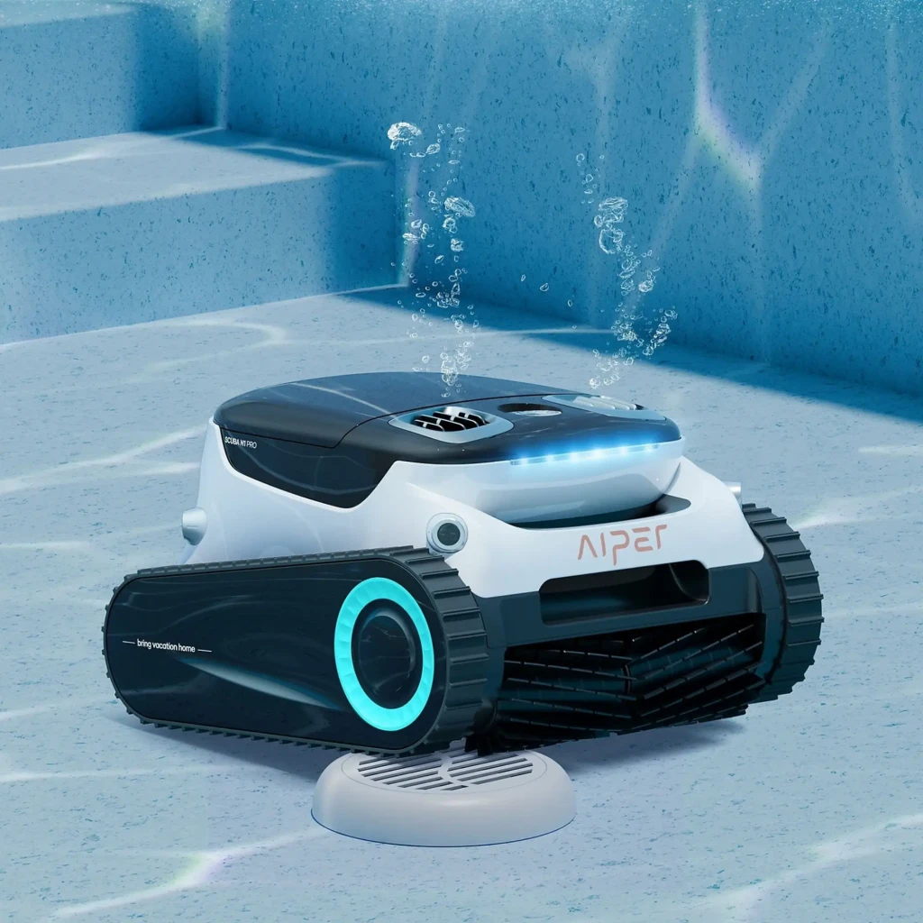 Aiper Scuba S1 Pro 2025 Robot Aspirador 379 LPM en gris oscuro con orugas robustas, rejillas superiores dobles y aro LED turquesa; incluye control por app - Ítem4