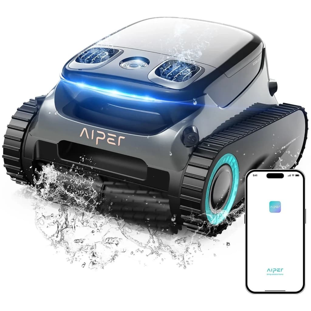 Aiper Scuba S1 Pro 2025 Robot Aspirador 379 LPM con orugas robustas, carcasa gris, luz LED frontal azul y control por app; salpicaduras indican uso acuático