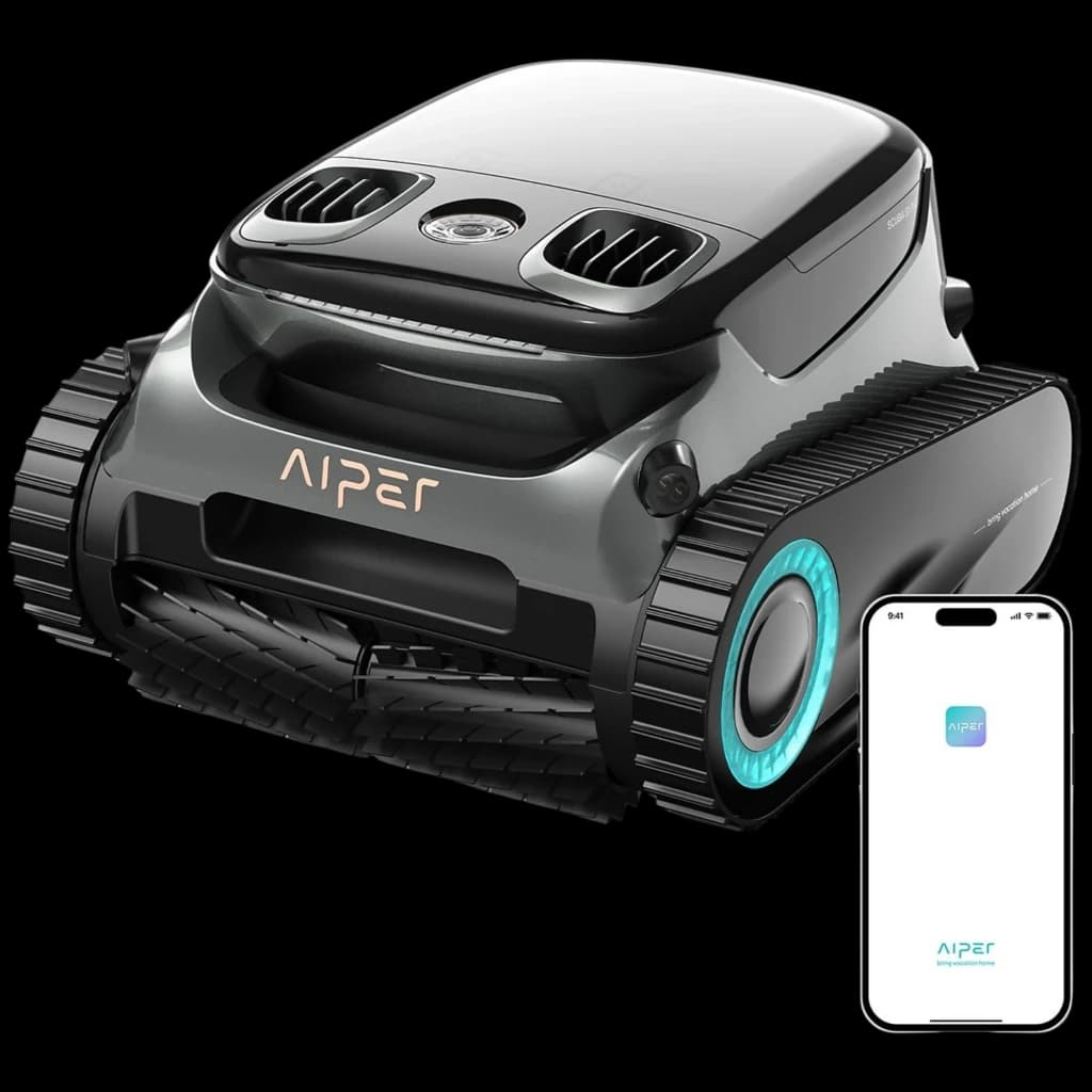 Aiper Scuba S1 Pro 2025 Robot Aspirador 379 LPM en gris oscuro con orugas robustas, rejillas superiores dobles y aro LED turquesa; incluye control por app