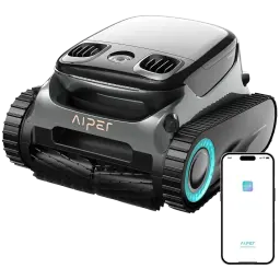 Aiper Scuba S1 Pro 2025 Robot Aspirador 379 LPM en gris oscuro con orugas robustas, rejillas superiores dobles y aro LED turquesa; incluye control por app