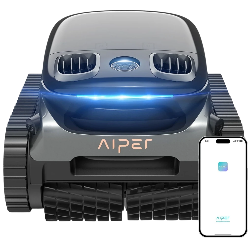 Aiper Scuba S1 Pro 2025 Robot Aspirador 379 LPM en gris oscuro con orugas robustas, rejillas superiores dobles y aro LED turquesa; incluye control por app - Ítem1
