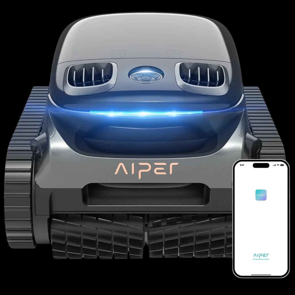 Aiper Scuba S1 Pro 2025 Robot Aspirador 379 LPM con diseño gris, oruga de tracción, cepillos frontales, luz LED azul y control mediante app móvil