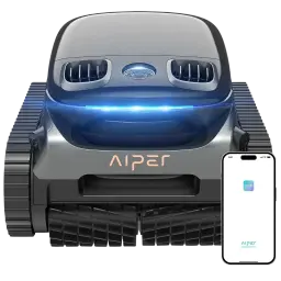 Aiper Scuba S1 Pro 2025 Robot Aspirador 379 LPM con diseño gris, oruga de tracción, cepillos frontales, luz LED azul y control mediante app móvil