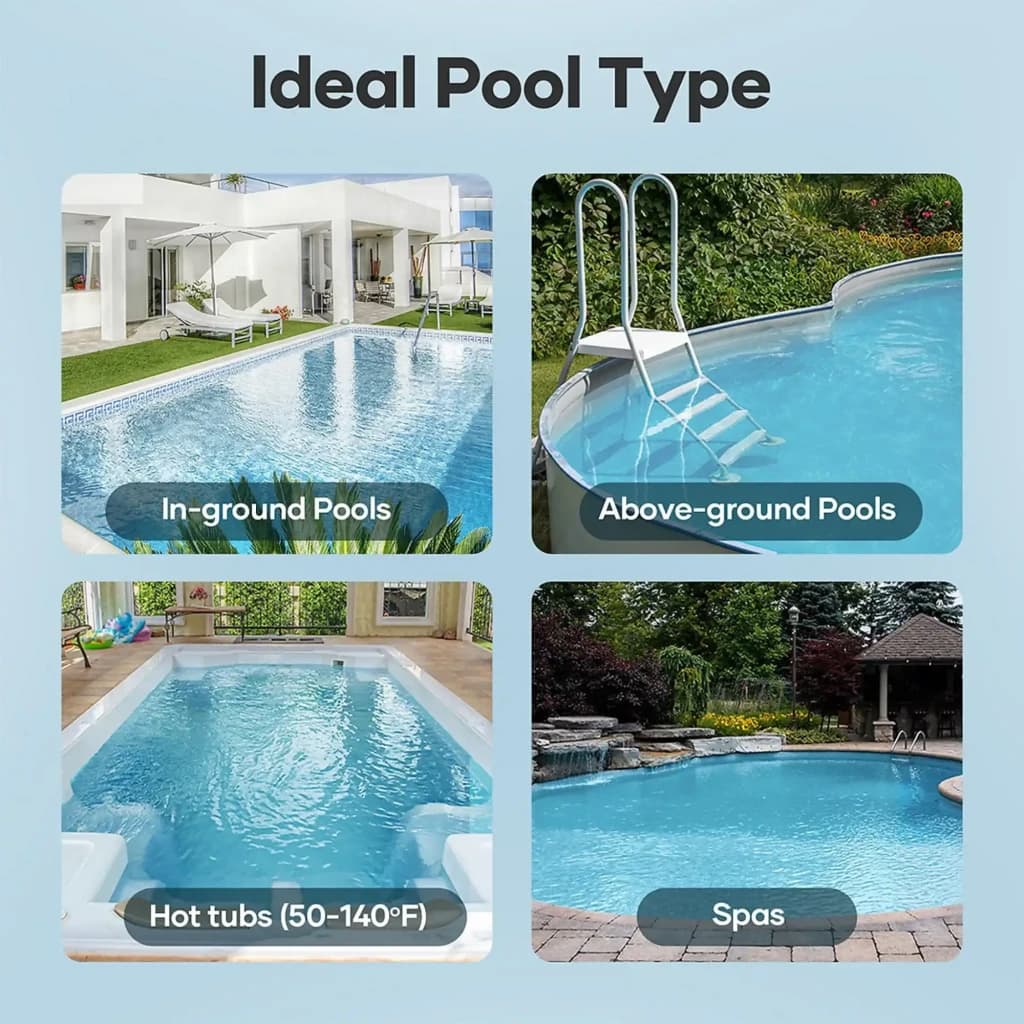 Guía visual de compatibilidad del Aiper Pilot X1: apto para piscinas enterradas, elevadas, jacuzzis 50-140 °F y spas; destaca escaleras y bordes curvos