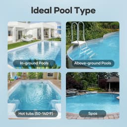 Guía visual de compatibilidad del Aiper Pilot X1: apto para piscinas enterradas, elevadas, jacuzzis 50-140 °F y spas; destaca escaleras y bordes curvos