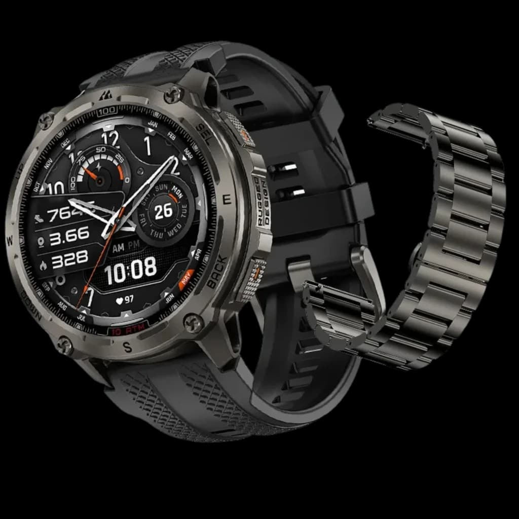 Kospet Tank T4 Edição Especial smartwatch preto, caixa robusta metálica, mostrador AMOLED 1,43 com múltiplos dial, pulseira silicone e pulseira metálica
