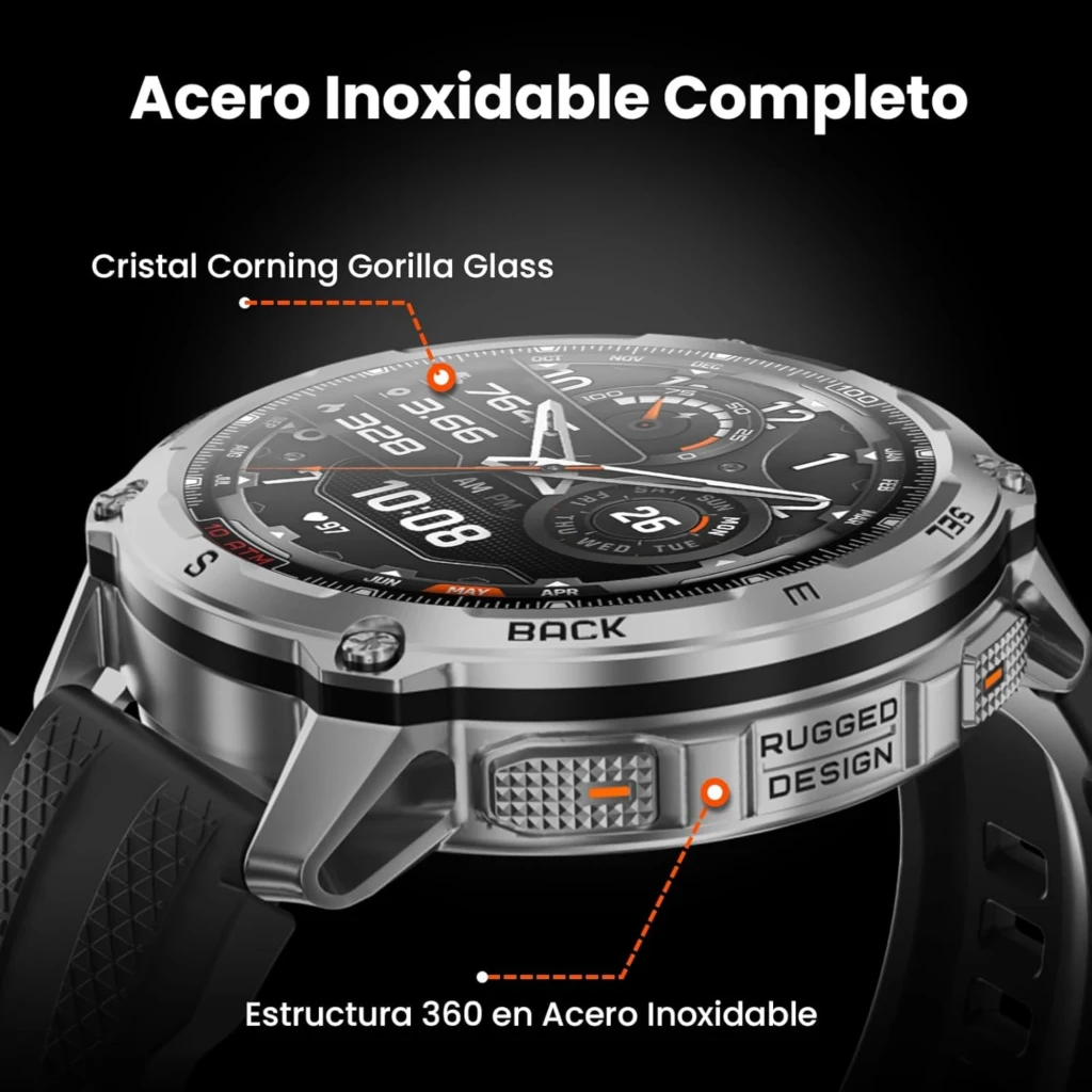 Kospet Tank T4 Edição Especial em prateado, caixa robusta, mostrador AMOLED 1,43 com bisel metálico, pulseira preta esportiva e pulseira extra de aço inox - Item4