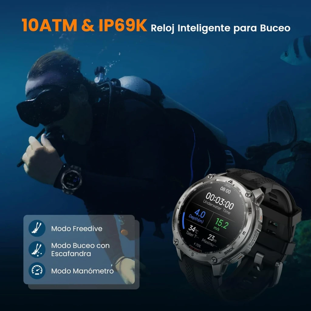 Kospet Tank T4 Edição Especial em prateado, caixa robusta, mostrador AMOLED 1,43 com bisel metálico, pulseira preta esportiva e pulseira extra de aço inox - Item6