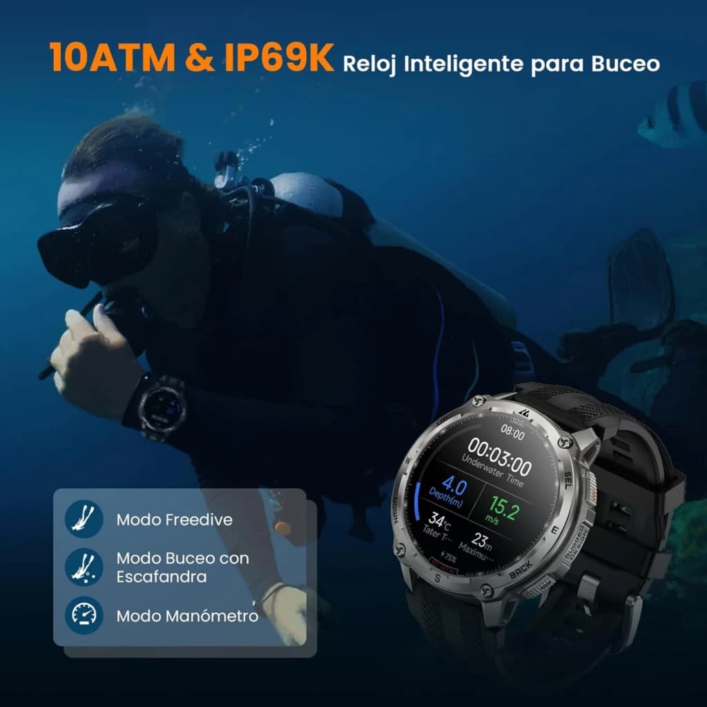 Kospet Tank T4 Edição Especial, caixa prateada robusta, mostrador AMOLED 1,43'', pulseira preta perfurada, botões metálicos, bezel aparafusado, 10 ATM, GPS