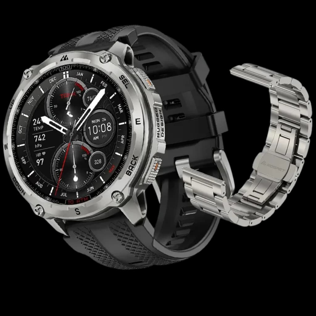 Kospet Tank T4 Edição Especial em prateado, caixa robusta, mostrador AMOLED 1,43 com bisel metálico, pulseira preta esportiva e pulseira extra de aço inox