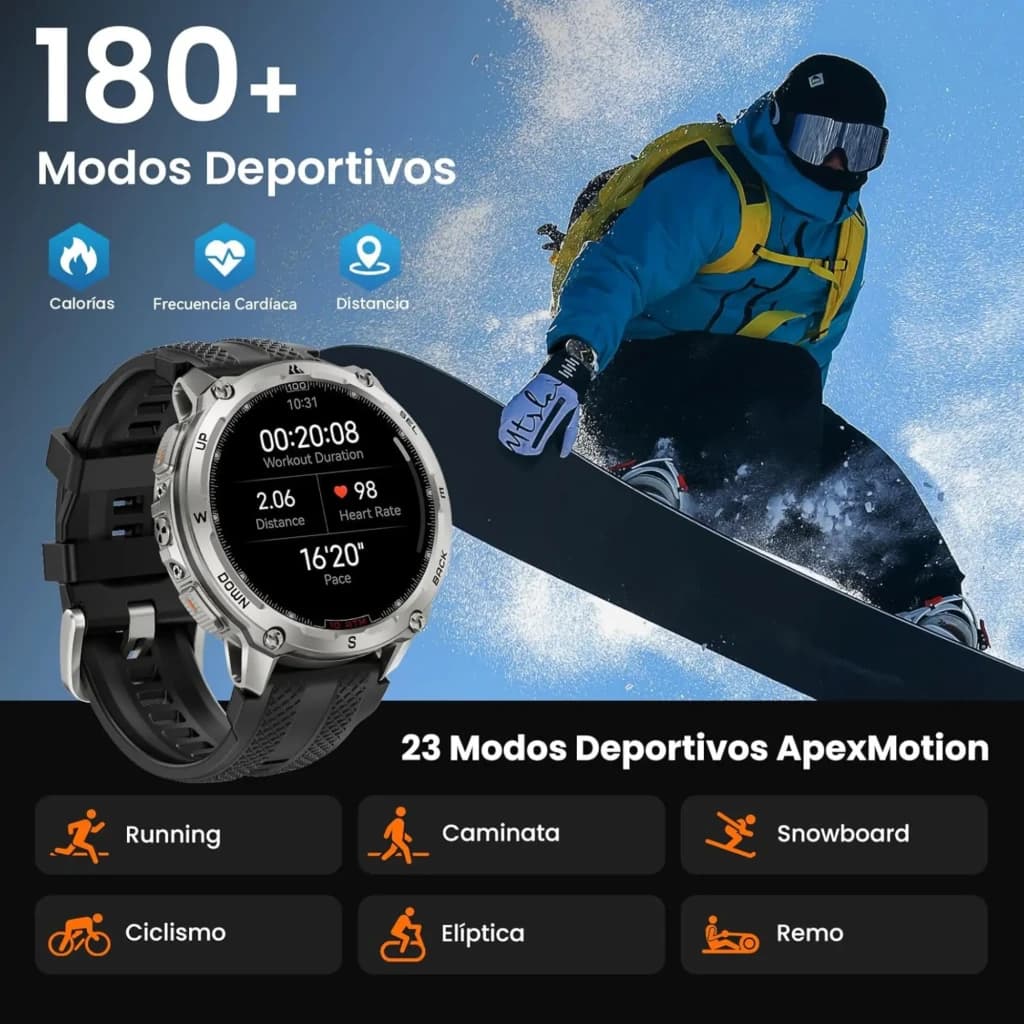 Kospet Tank T4 Edição Especial prateado com tela AMOLED 1,43, caixa robusta metálica, botões laterais e pulseira preta esportiva com fecho seguro