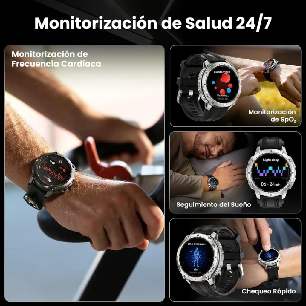 Kospet Tank T4 Edição Especial prateado com caixa robusta, pulseira preta, tela AMOLED 1,43 pol, mostradores coloridos e botões laterais grandes