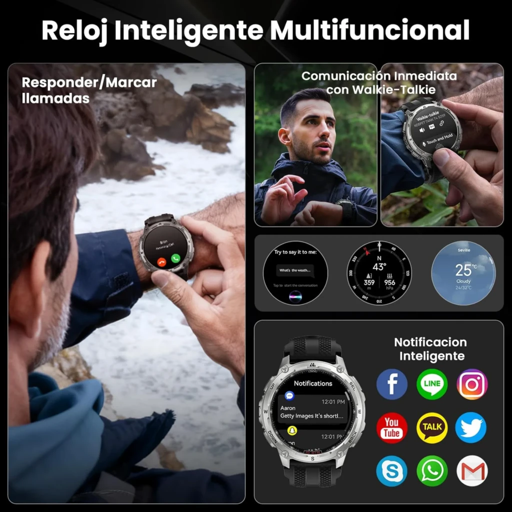 Kospet Tank T4 Edição Especial em prateado, caixa robusta, mostrador AMOLED 1,43 com bisel metálico, pulseira preta esportiva e pulseira extra de aço inox - Item3