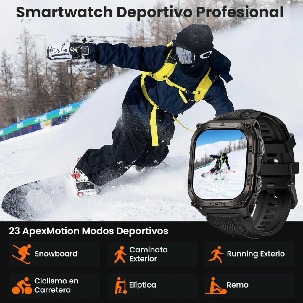 Kospet Tank M4 Special Edition preto com caixa robusta metálica, tela AMOLED 1,96 polegadas, mostrador laranja, pulseira de silicone e pulseira metálica extra - Item5