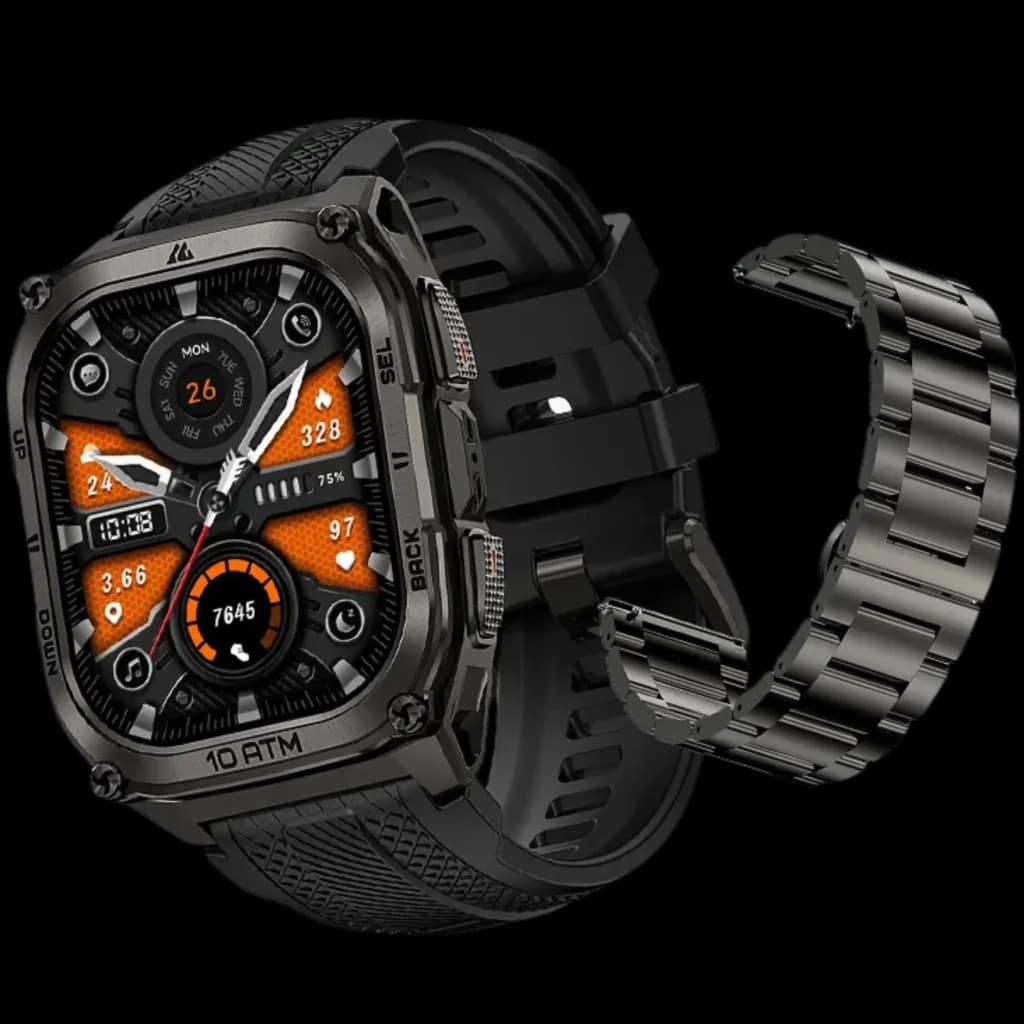 Kospet Tank M4 Special Edition preto com caixa robusta metálica, tela AMOLED 1,96 polegadas, mostrador laranja, pulseira de silicone e pulseira metálica extra
