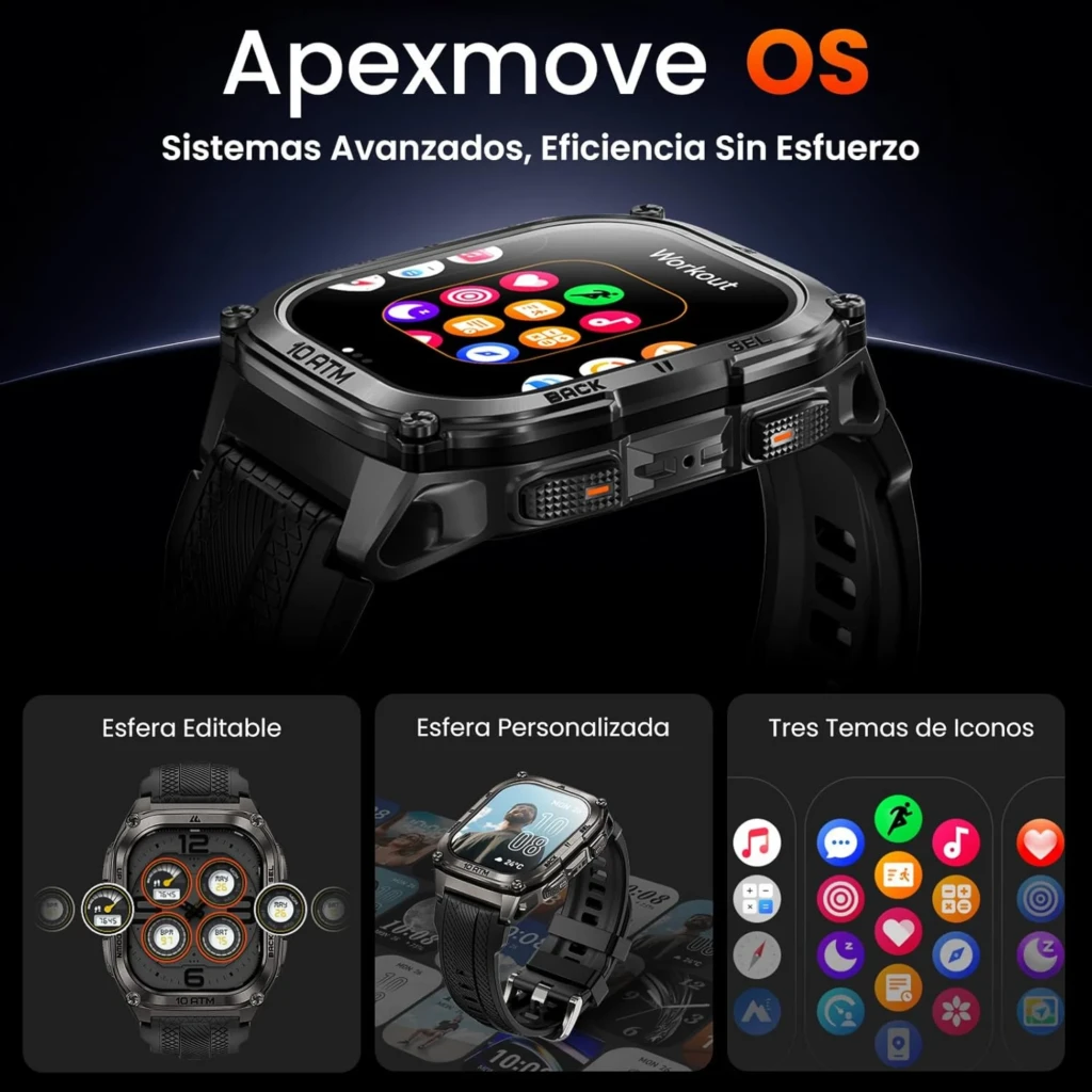 Kospet Tank M4 Special Edition preto com caixa robusta metálica, tela AMOLED 1,96 polegadas, mostrador laranja, pulseira de silicone e pulseira metálica extra - Item7