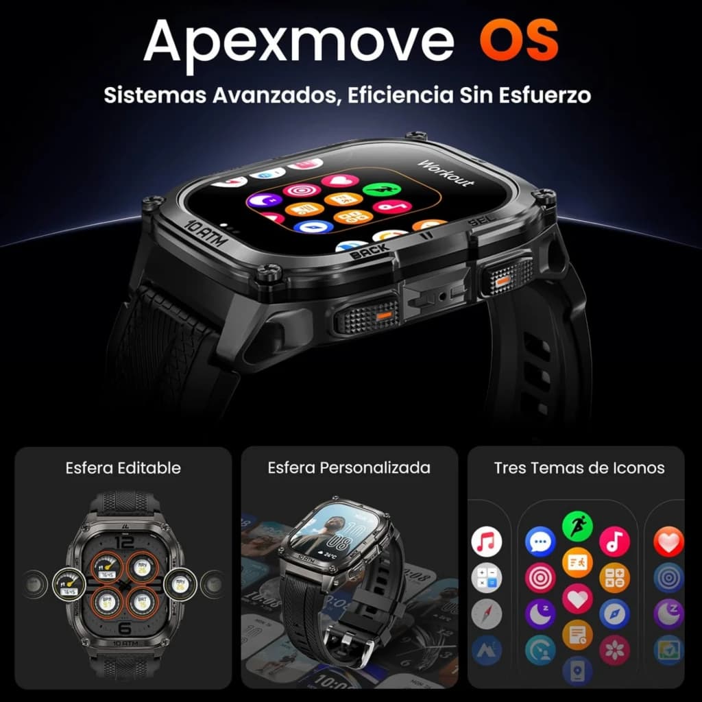 Kospet Tank M4 Special Edition em prata com ecrã AMOLED 1,96, corpo robusto, botões laterais texturizados e múltiplas watchfaces coloridas