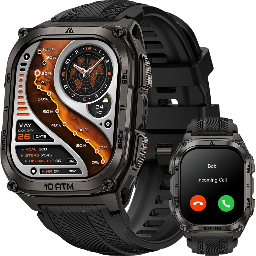 Kospet Tank M4 Special Edition preto com caixa robusta metálica, tela AMOLED 1,96 polegadas, mostrador laranja, pulseira de silicone e pulseira metálica extra - Item1