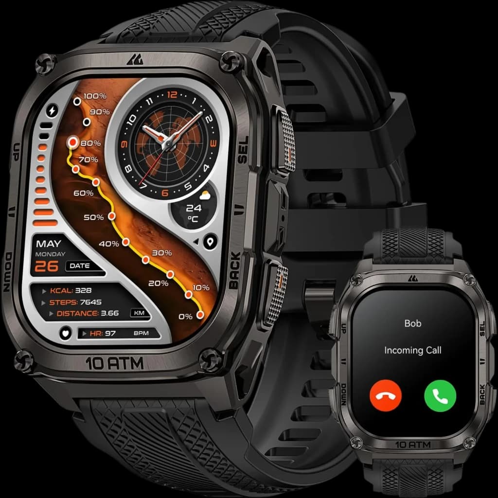 Kospet Tank M4 Special Edition smartwatch preto com ecrã AMOLED 1,96, caixa robusta metálica, botões laterais texturizados, pulseira silicone e resistência