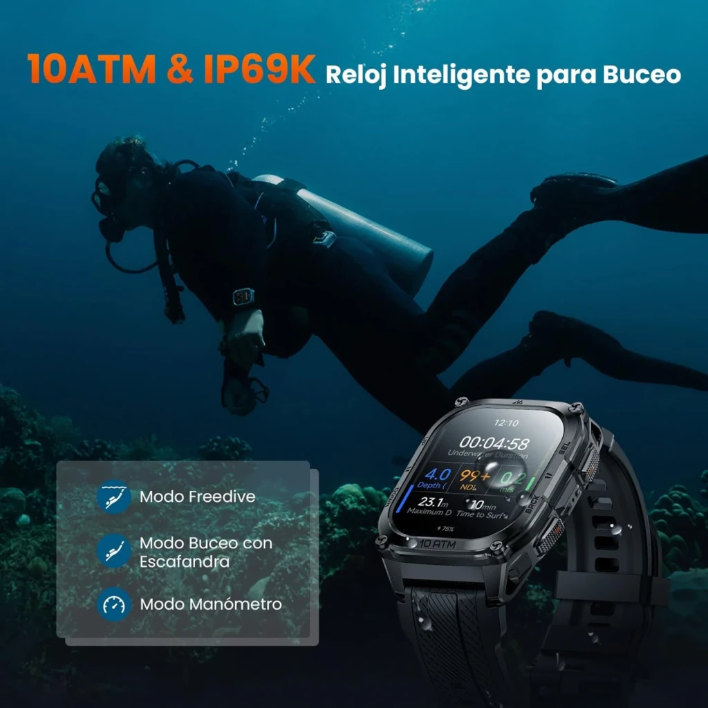 Kospet Tank M4 Special Edition preto com caixa robusta metálica, tela AMOLED 1,96 polegadas, mostrador laranja, pulseira de silicone e pulseira metálica extra - Item2