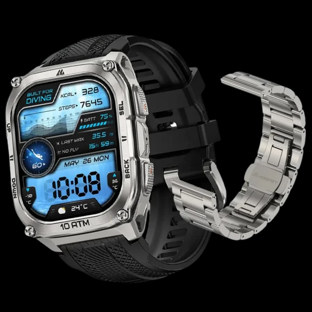 Smartwatch prateado robusto com caixa metálica, pulseira de borracha e extra de aço, tela AMOLED 1,96, mostradores de mergulho, 10 ATM e botões laterais