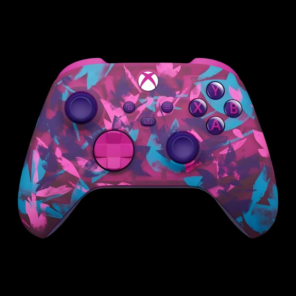 Manette Microsoft Xbox Wireless Controller Breaker Special Edition rose et violette, motifs géométriques bleus, boutons violets, croix directionnelle rose
