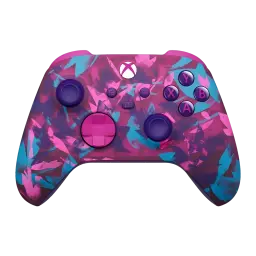Manette Microsoft Xbox Wireless Controller Breaker Special Edition rose et violette, motifs géométriques bleus, boutons violets, croix directionnelle rose